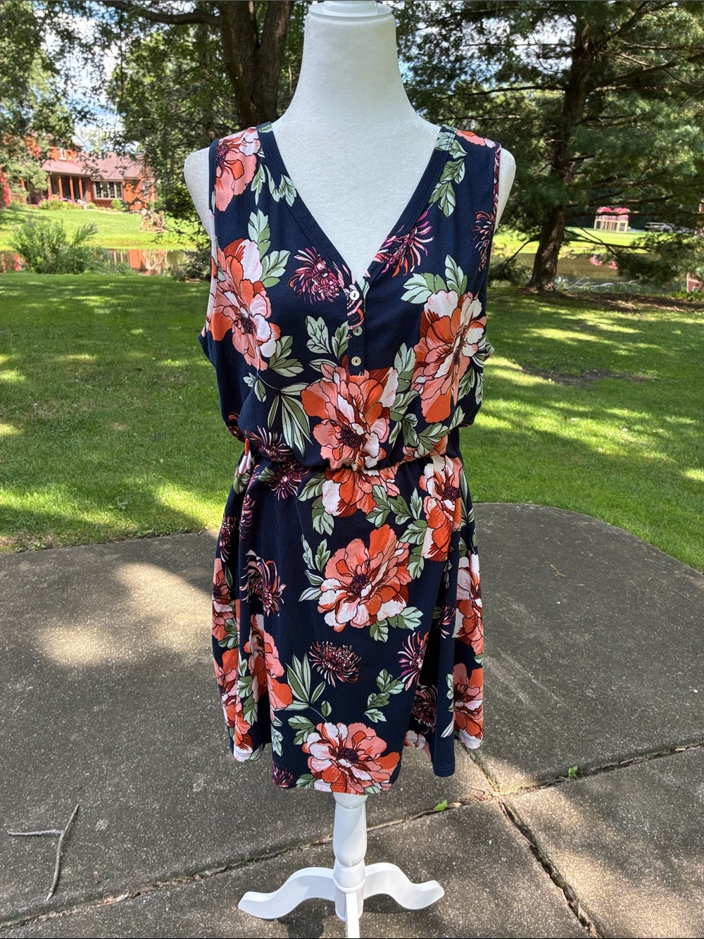 French Grey - Navy Floral Sleeveless Dress with Coral & Green Blooms